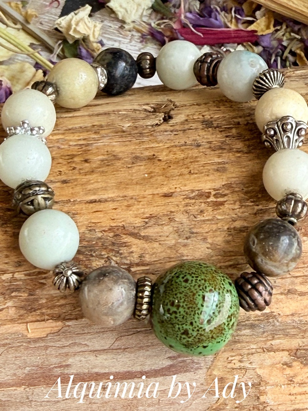 Monumental Green Speckled Focal & Cream Beaded Stretch Bracelet AVENTURINE